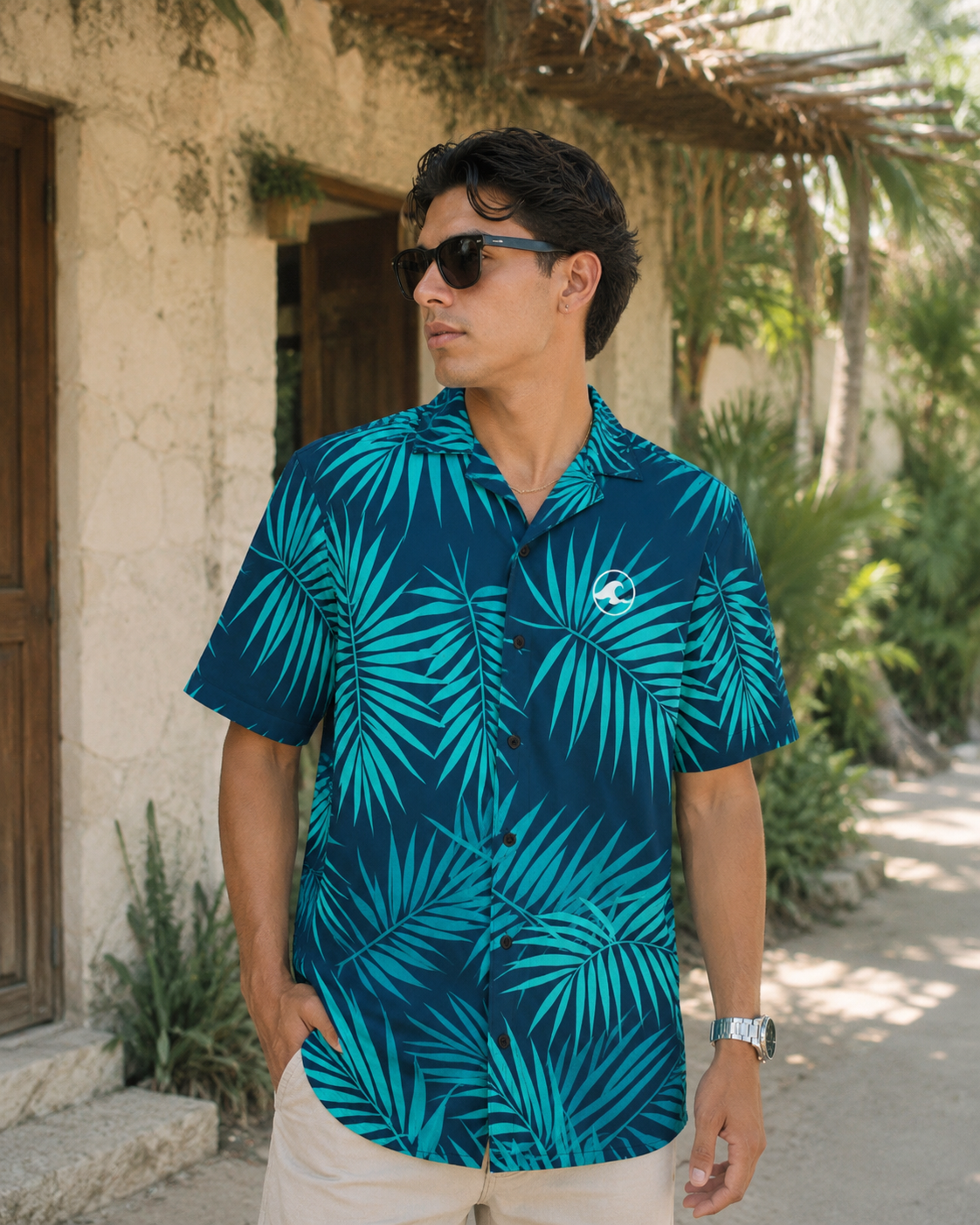 Blue Palm Button-Up